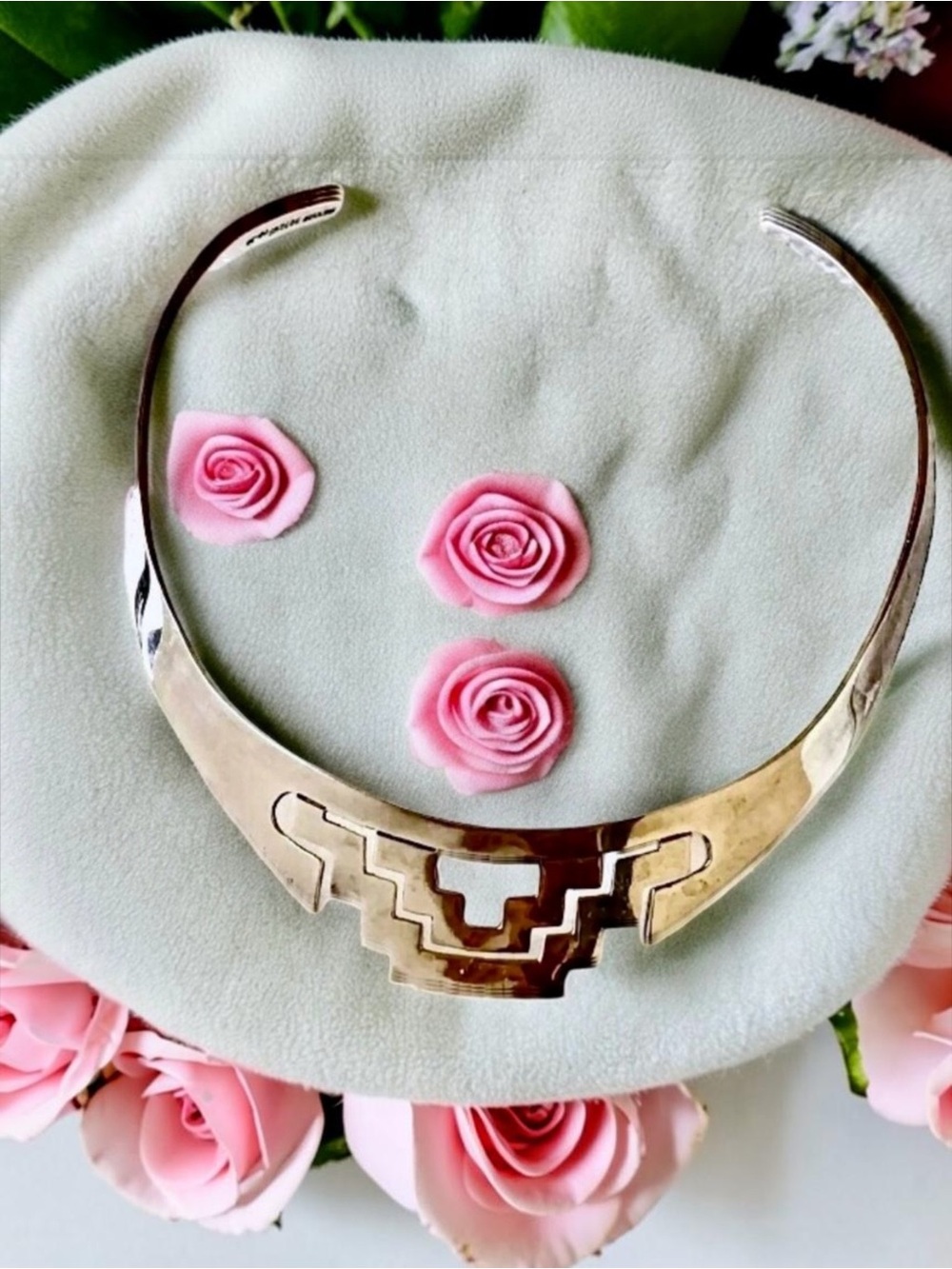 CHS Mexico 925 Sterling Necklace Contoured Collar Curved Choker Signed